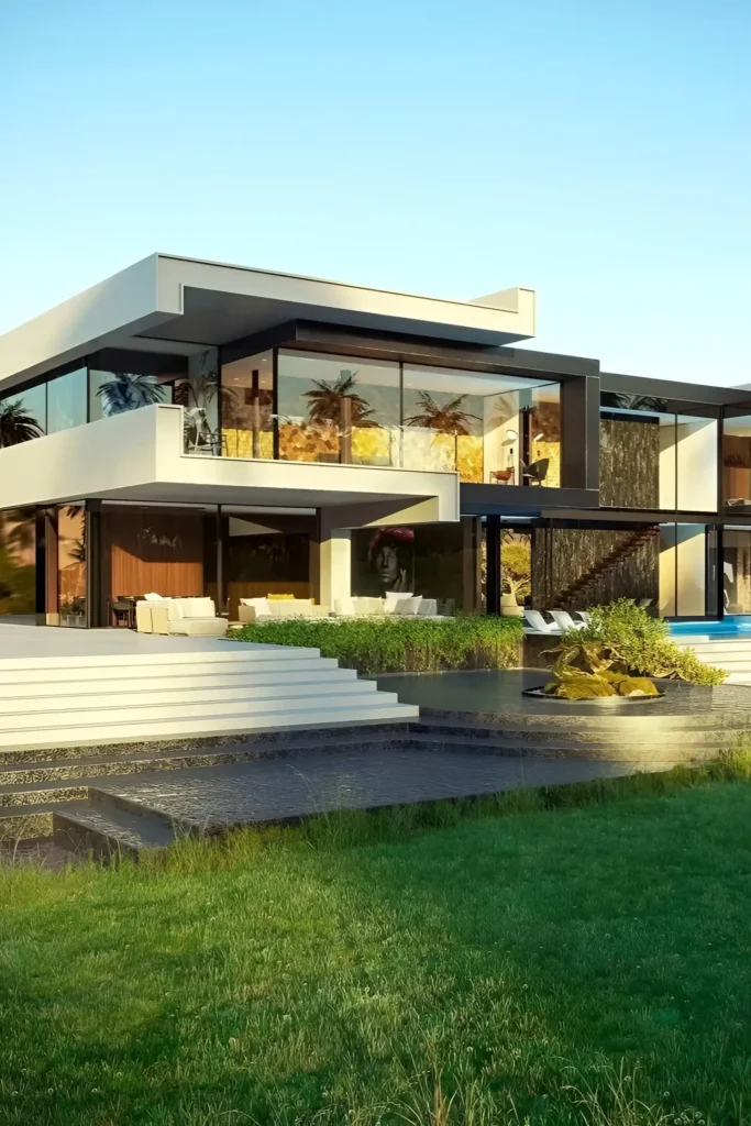 Modern home with open-concept design, glass walls, tiered landscaping, water feature, and sleek black framing.