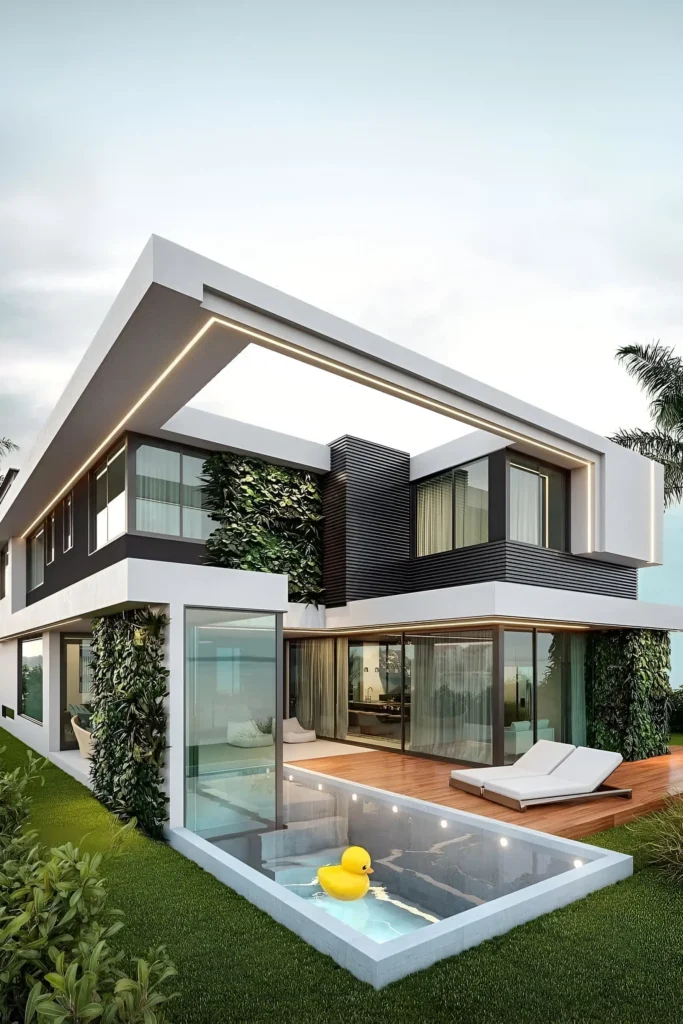 Modern home with greenery-covered walls, sleek architecture, floor-to-ceiling windows, and a serene poolside deck.