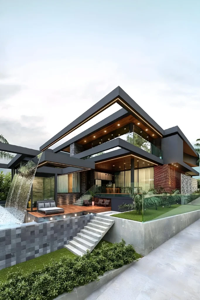 Modern multi-level home with sharp angles, cascading waterfall, wooden textures, glass walls, and tiered landscaping.