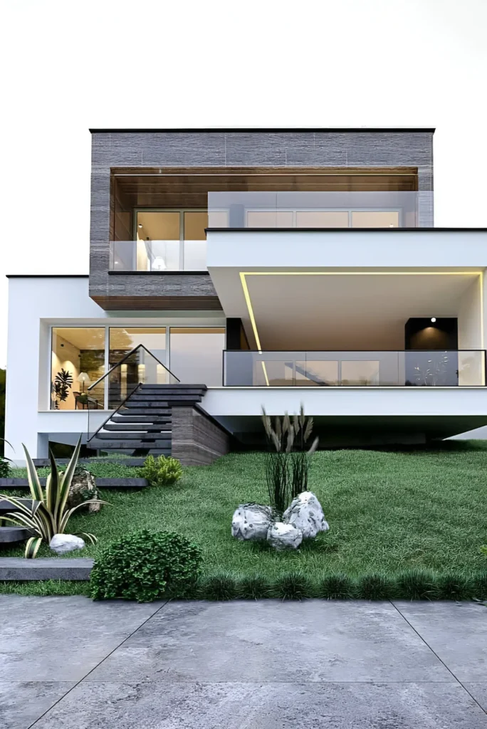 Modern elevated house with white surfaces, wooden accents, glass railings, and minimalist landscaping.