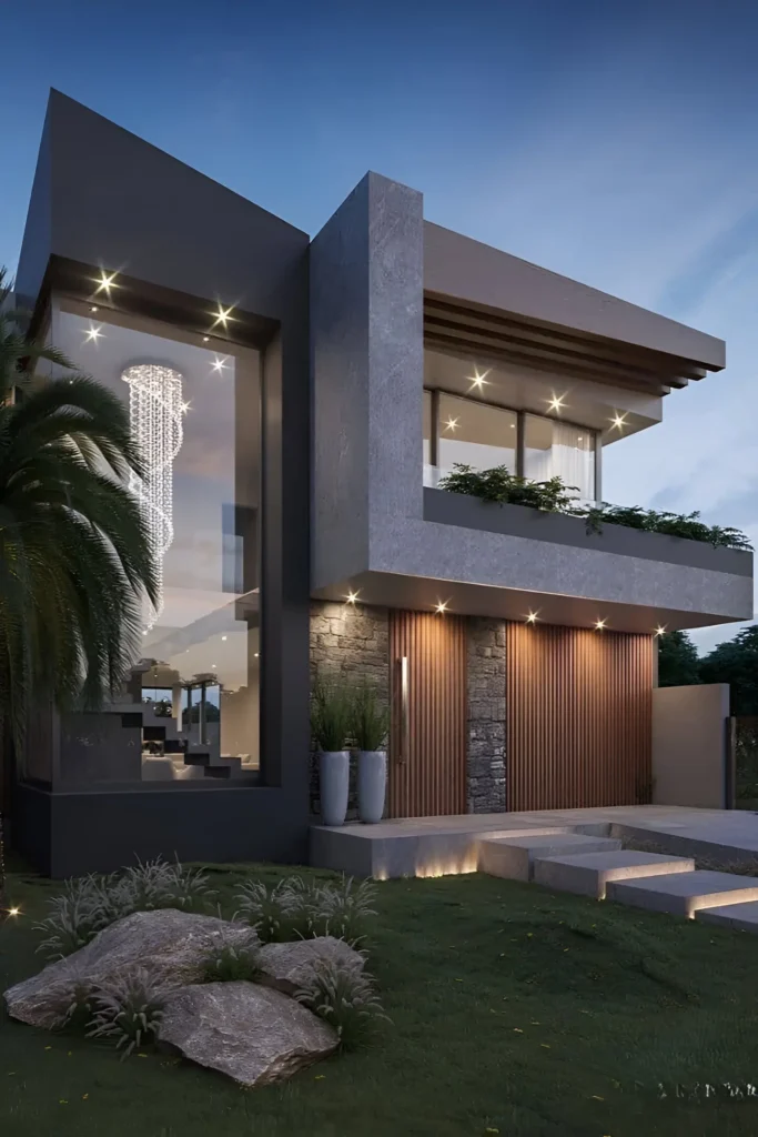 Modern home with stone and wood accents, large glass panels, a statement chandelier, and minimalist landscaping.