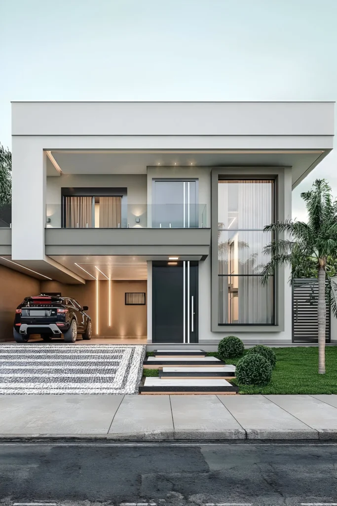 Contemporary home with sharp lines, open carport, vertical windows, and a minimalist pathway.