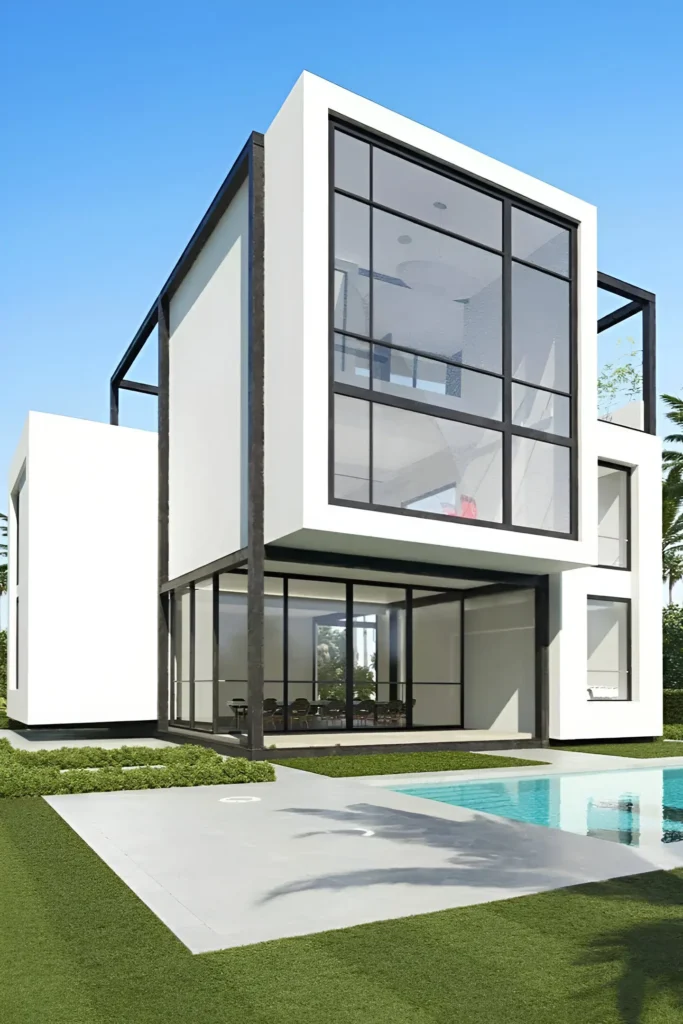 Modern home featuring floor-to-ceiling glass panels, black metal framework, white exterior, and a pool surrounded by greenery.