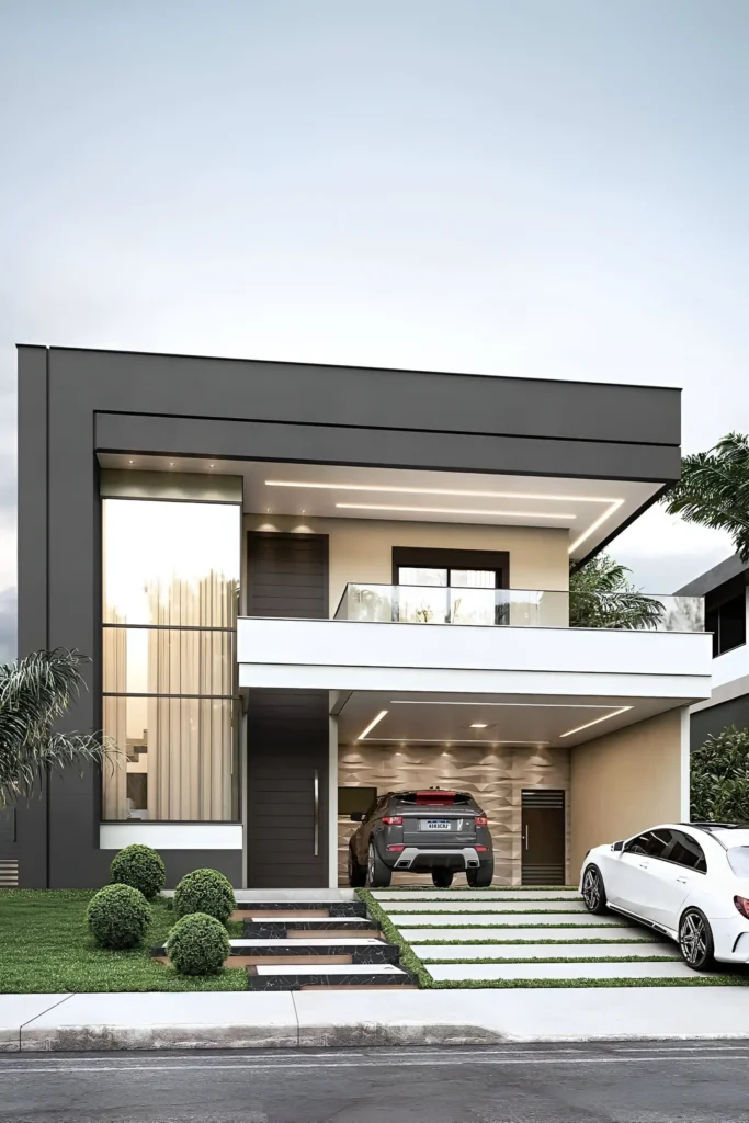 Modern house with bold black framing, glass panels, tiered steps, manicured landscaping, and an open carport.