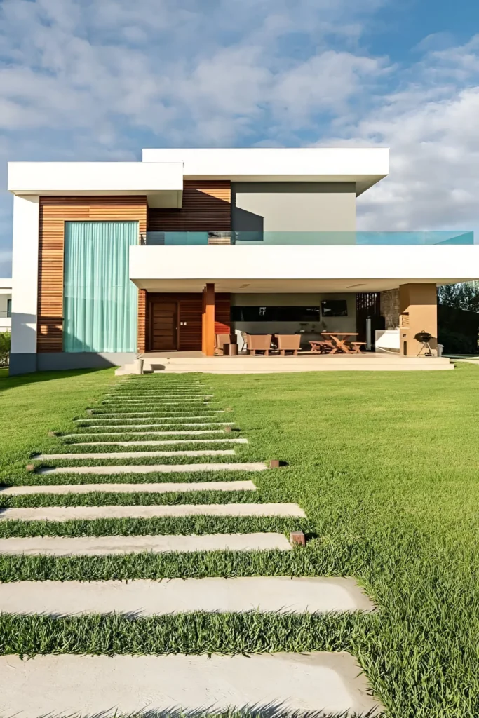 Modern home with wood paneling, glass accents, open terrace, and a lush green lawn.