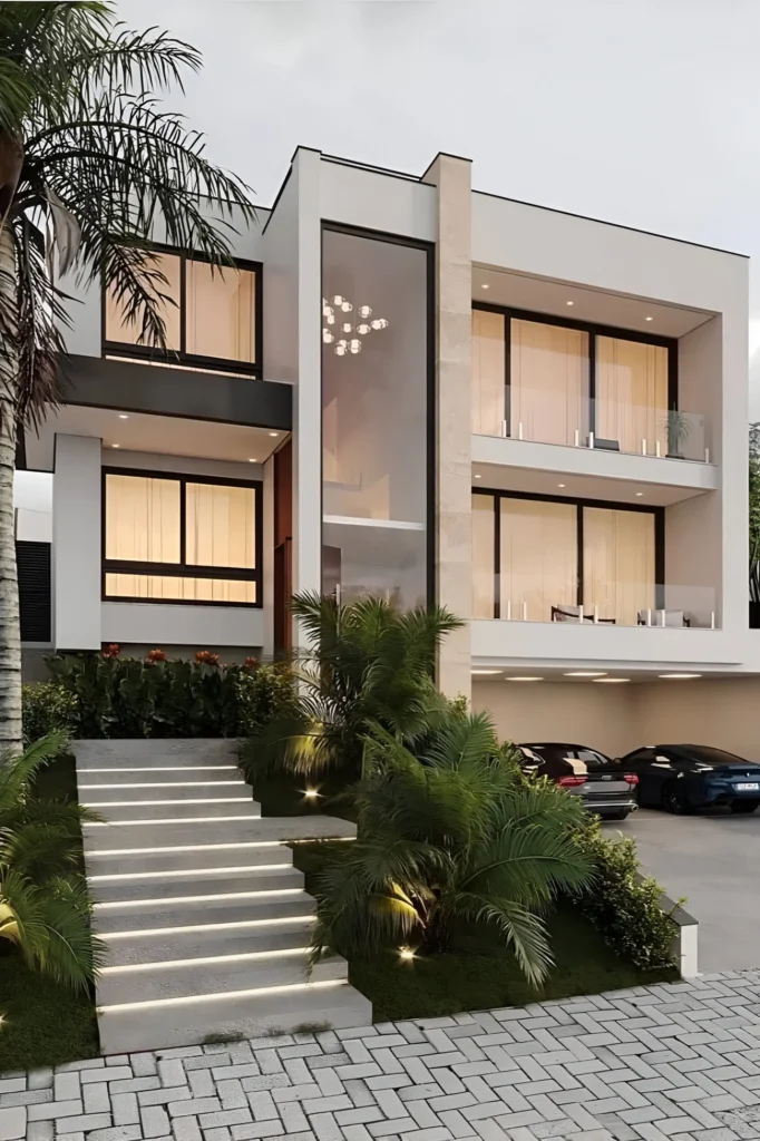 Modern multi-level home with large glass panels, sleek balconies, tropical landscaping, and illuminated entrance steps.