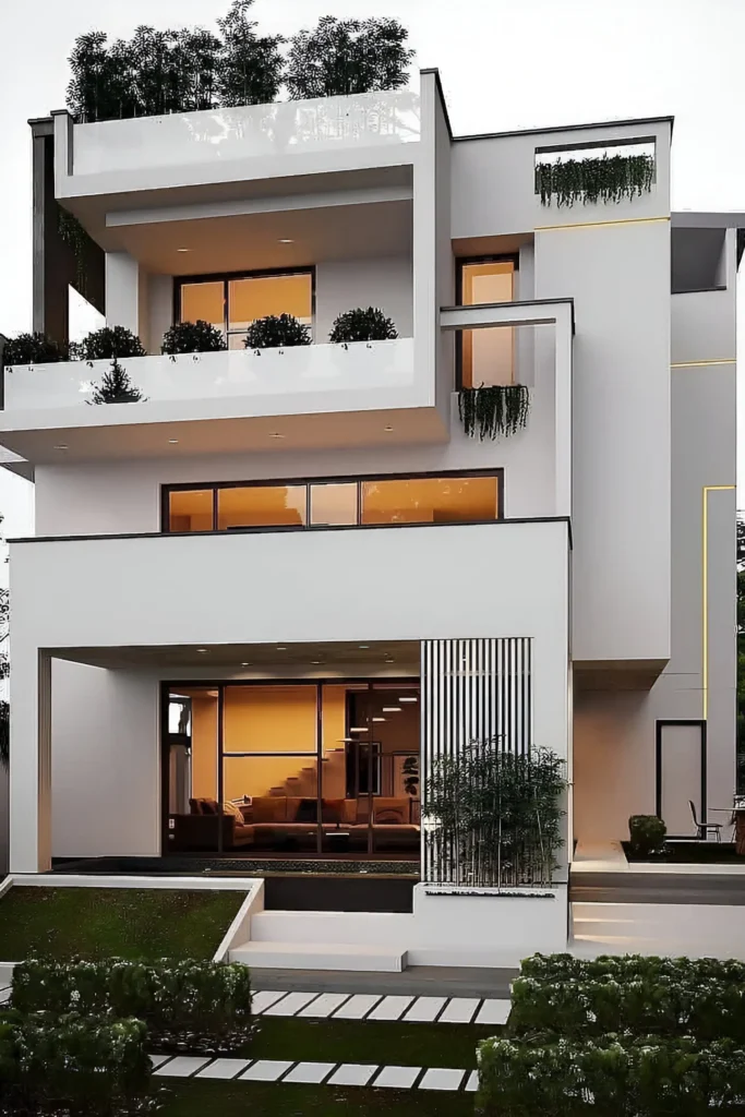 Modern multi-level house with white facade, glass balconies, integrated greenery, and warm interior lighting. Vertical accents enhance the sleek design.