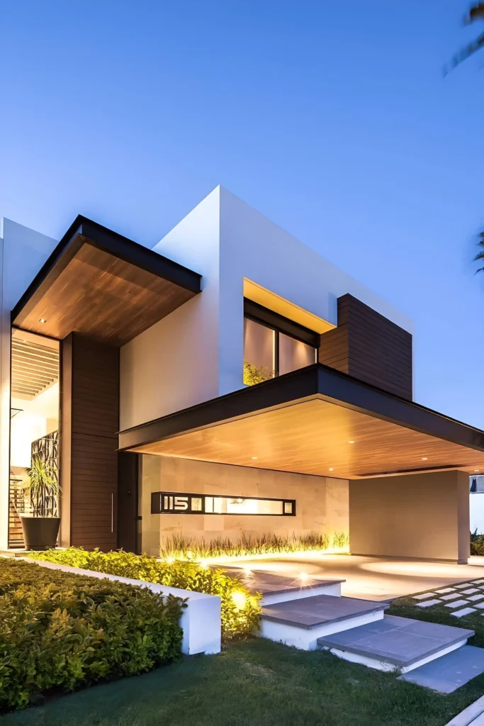 Modern minimalist home with white walls, wooden accents, cantilevered design, and warm ambient lighting. Lush greenery complements the sleek architecture.