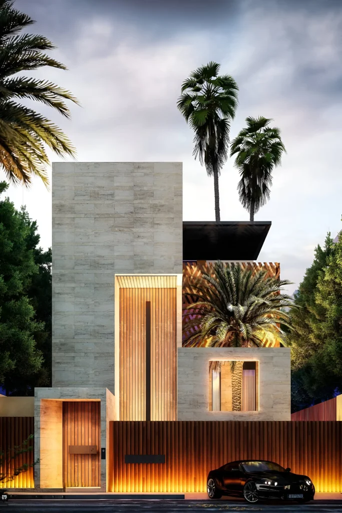 Modern tropical home with wood slats, stone facade, palm trees, and warm accent lighting. A sleek, private exterior balances elegance and lush greenery.