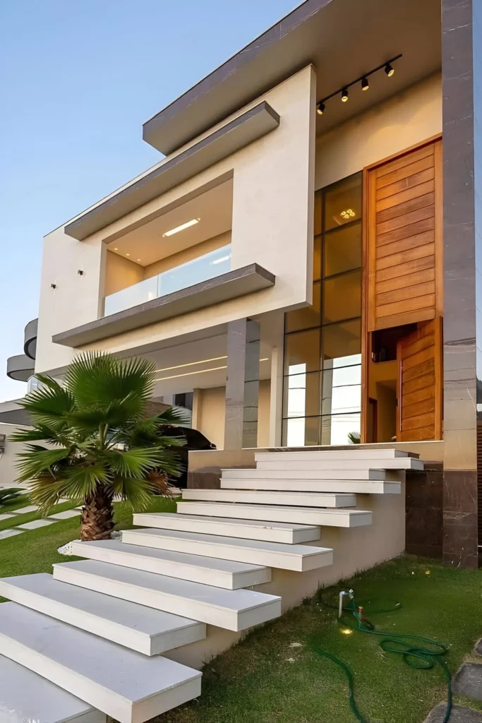 Modern home featuring a floating staircase, warm wooden entrance door, and sleek glass design, with neutral tones and lush palm landscaping.