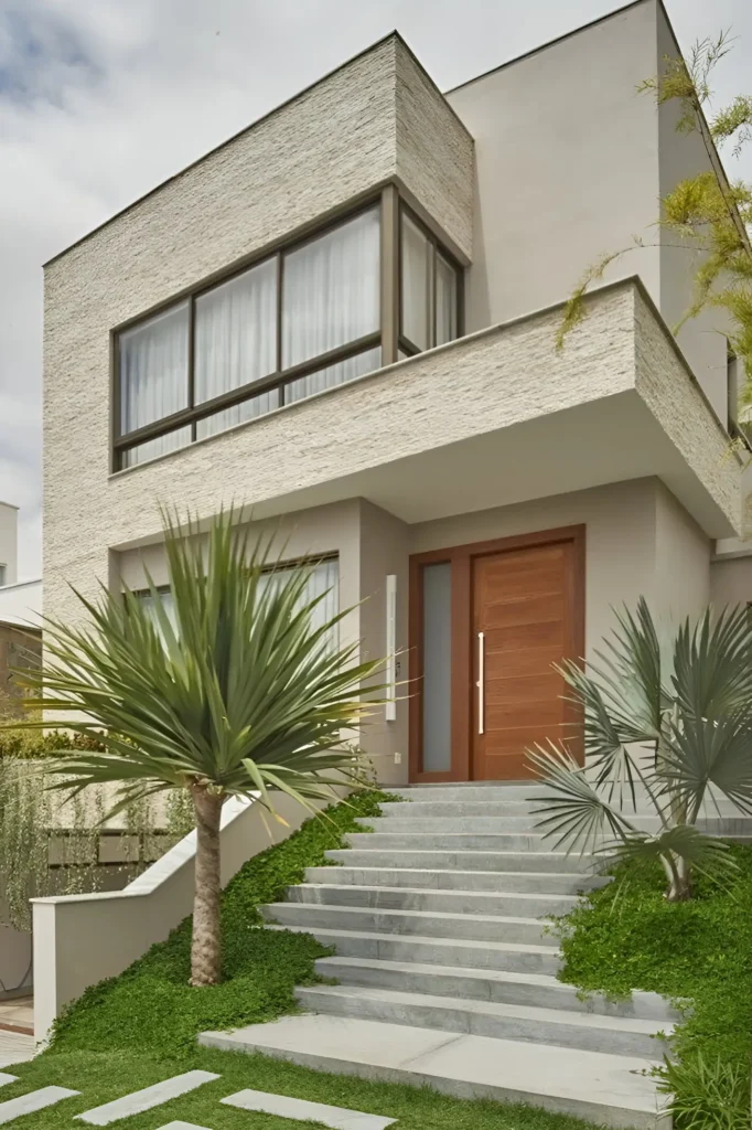 Modern home facade with stone-textured walls, a natural wood door, lush greenery, and a clean-lined staircase for a welcoming and stylish look.