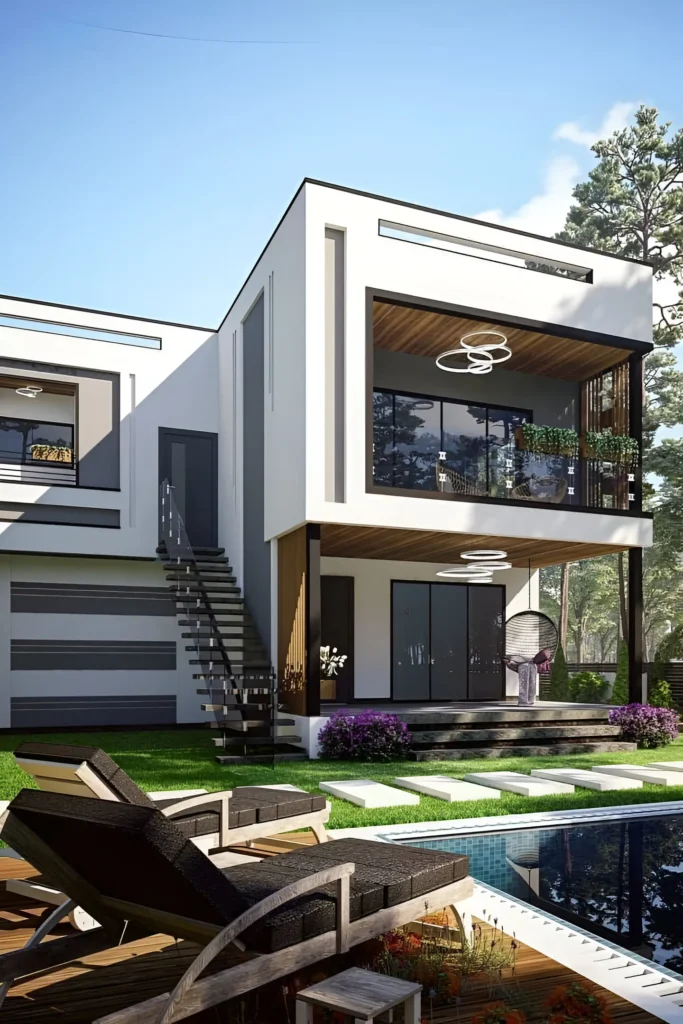 Modern home with a shaded balcony, sleek staircase, glass panels, outdoor pool, wooden loungers, and vibrant landscaping for a stylish and serene retreat.