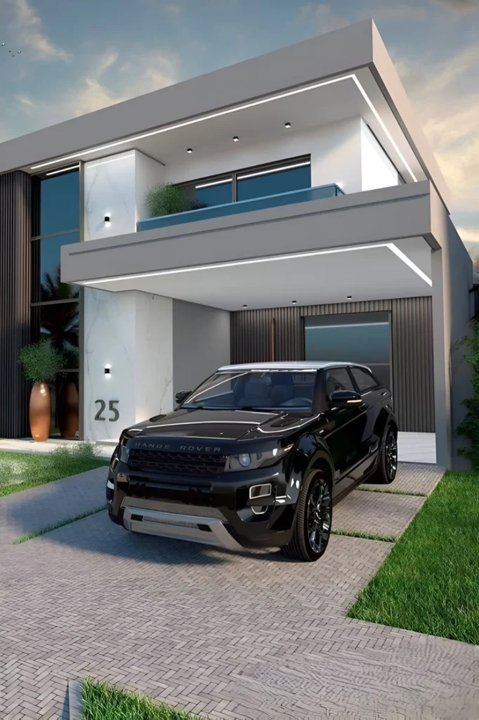 Modern home with bold lines, glass accents, integrated balcony, minimalist lighting, and luxury car parked on a stylish driveway.