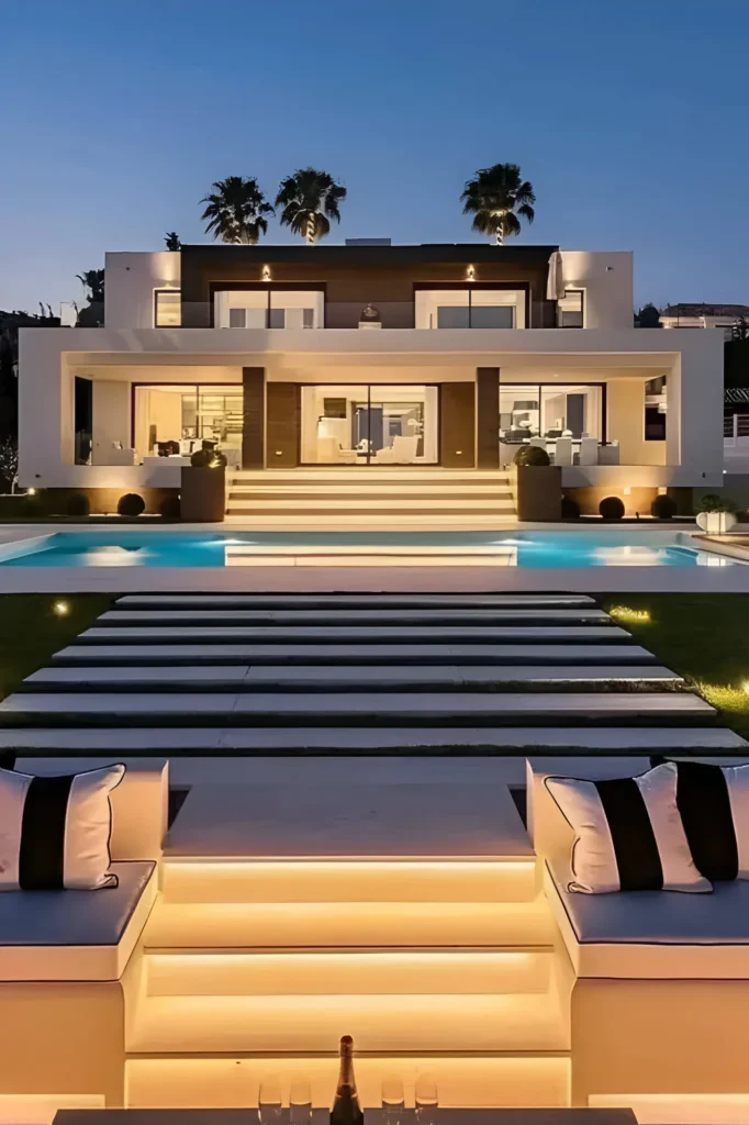 Contemporary luxury home with a glowing pool, stylish outdoor seating, and ambient lighting, showcasing a captivating nighttime aesthetic.