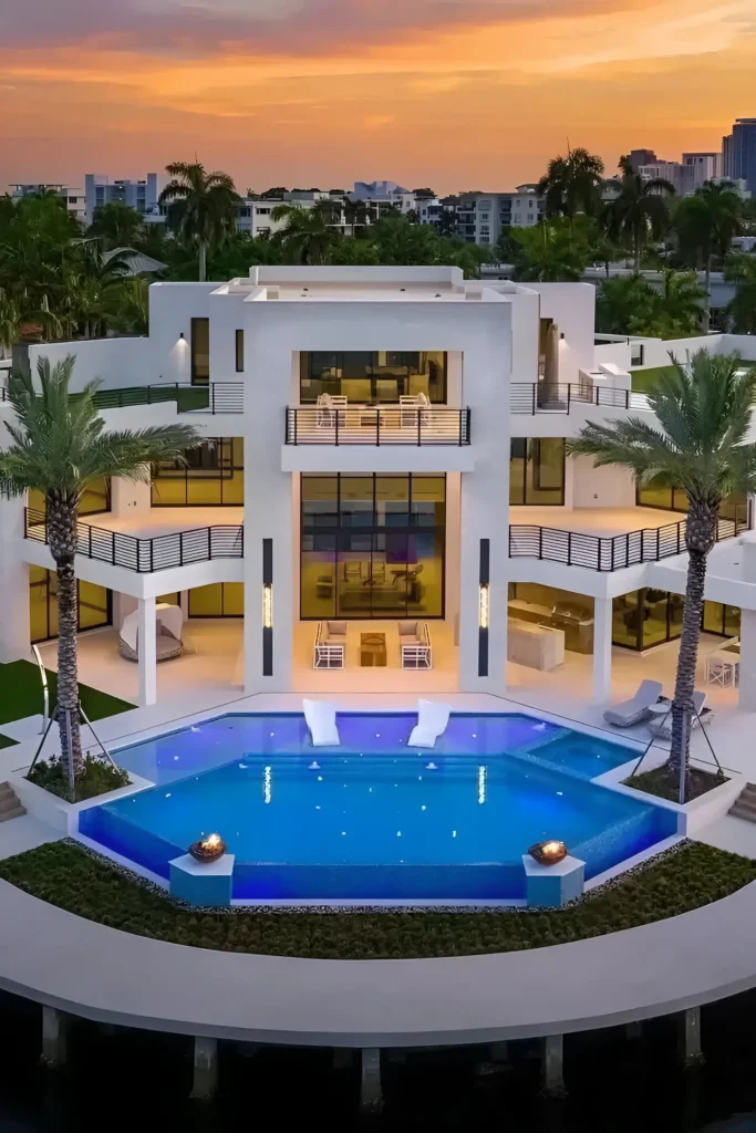 Modern waterfront house with a geometric pool, expansive balconies, and palm trees at sunset.