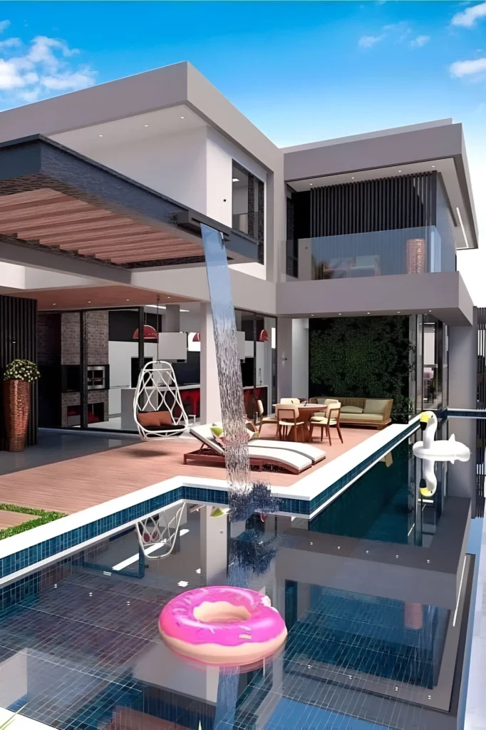 Modern house with a cascading waterfall pool, wooden deck, lounge chairs, and a swing chair.