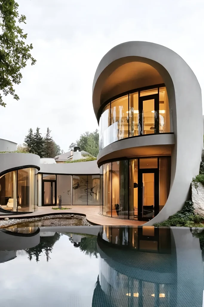 Futuristic house with curved glass walls, rounded architecture, and a uniquely shaped pool.