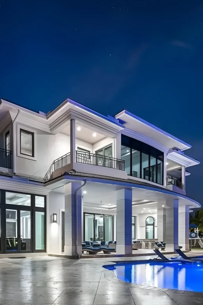 Elegant two-story modern home with arched windows, expansive balconies, and a glowing pool at night.