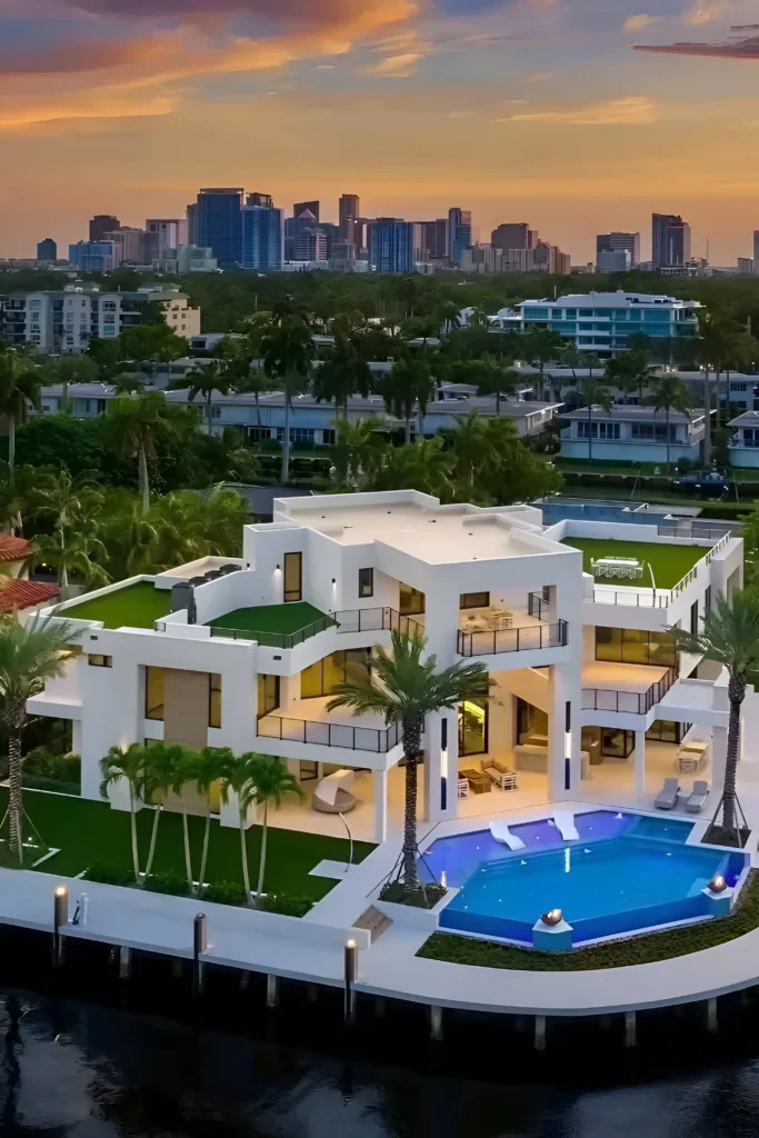 Luxury waterfront mansion with rooftop greenery, a geometric pool, and city skyline views at sunset.