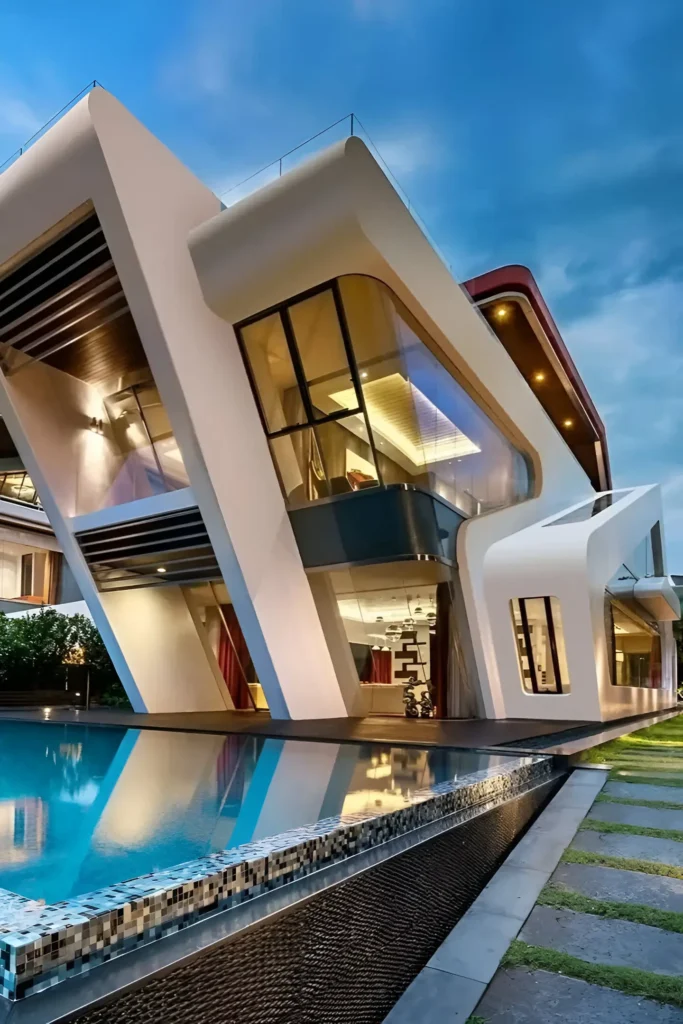 Futuristic house with angular architecture, glass walls, and an infinity pool.