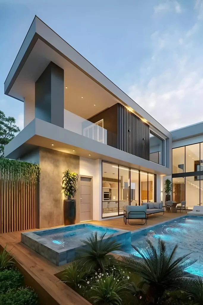 Modern house with illuminated pool, integrated hot tub, glass walls, and lush greenery.