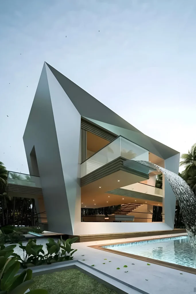 Futuristic angular house with a cascading waterfall pool, elevated balconies, and open-plan layout.