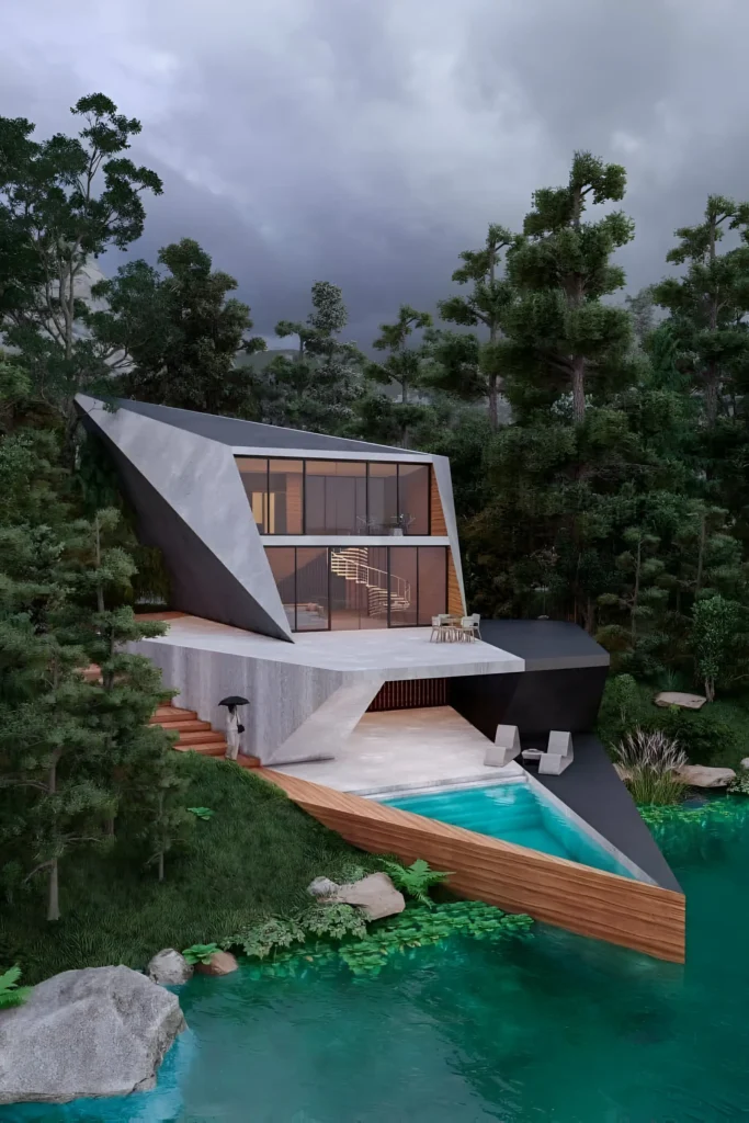 Modern geometric house in a forest with floor-to-ceiling windows and an infinity pool overlooking greenery.