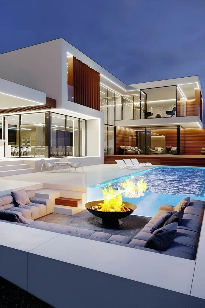 Modern house with an infinity pool, sunken fire pit lounge, glass walls, and wooden accents.