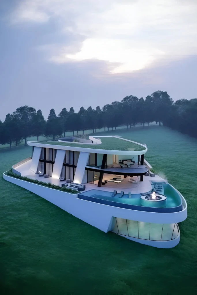 Futuristic curved mansion on a hillside with an infinity pool, fire pit, and panoramic views.