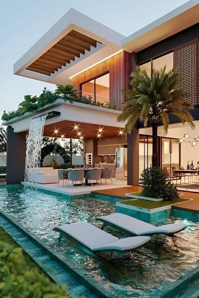 Tropical-style modern home with a cascading pool waterfall, outdoor lounge, and lush greenery.