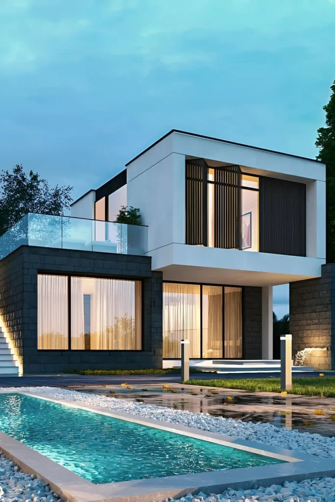 A modern two-story house featuring white and dark stone exterior, large glass windows, an elevated patio, and a rectangular infinity pool with pebble landscaping at dusk.