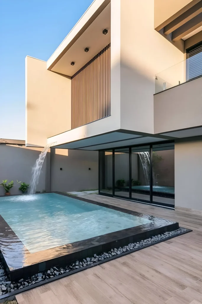 Minimalist home with a pool and waterfall feature, surrounded by neutral tones and sleek architectural elements.