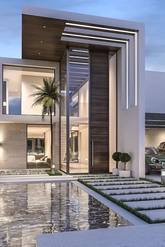 Contemporary home facade with a vertical wooden door, glass windows, and a reflective water feature in the foreground.