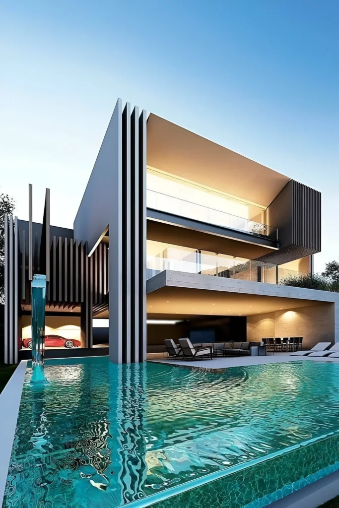 Modern house with vertical slats, an infinity pool, open living areas, and a glass car display.