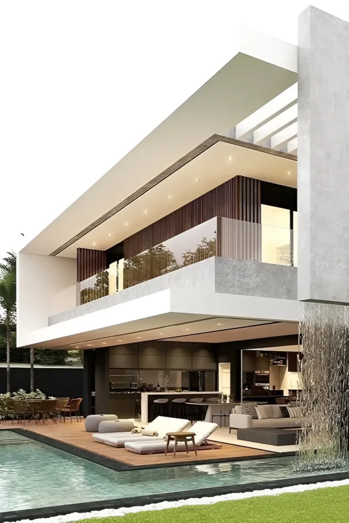 Modern open-concept home with pool, waterfall feature, outdoor lounge, and glass railings.