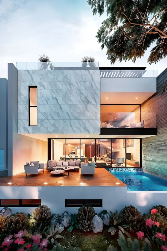 Modern home with a marble facade, elegant terrace, luxurious pool, and open-plan interiors featuring wood accents and contemporary lighting.