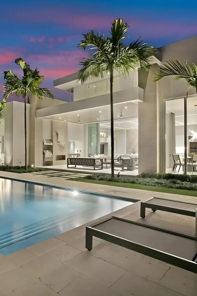 Tropical modern villa with a beautifully lit pool, sleek architecture, and palm trees under a vibrant sunset sky.