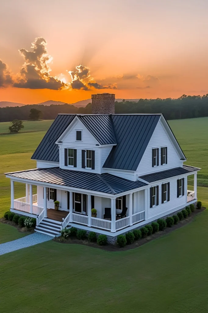 Modern white farmhouse with a black metal roof, wraparound porch, and black shutters, set in a grassy field at sunset.