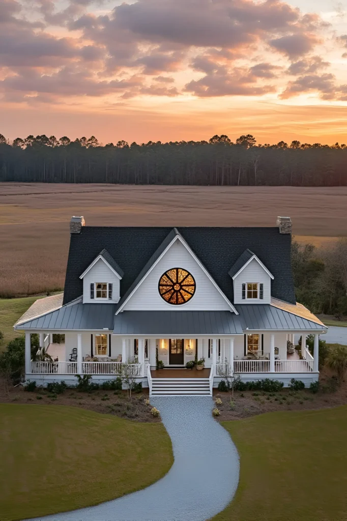 Modern white farmhouse with a black roof, circular stained glass window, dormer windows, and a wraparound porch, set against a field and forest at sunset.