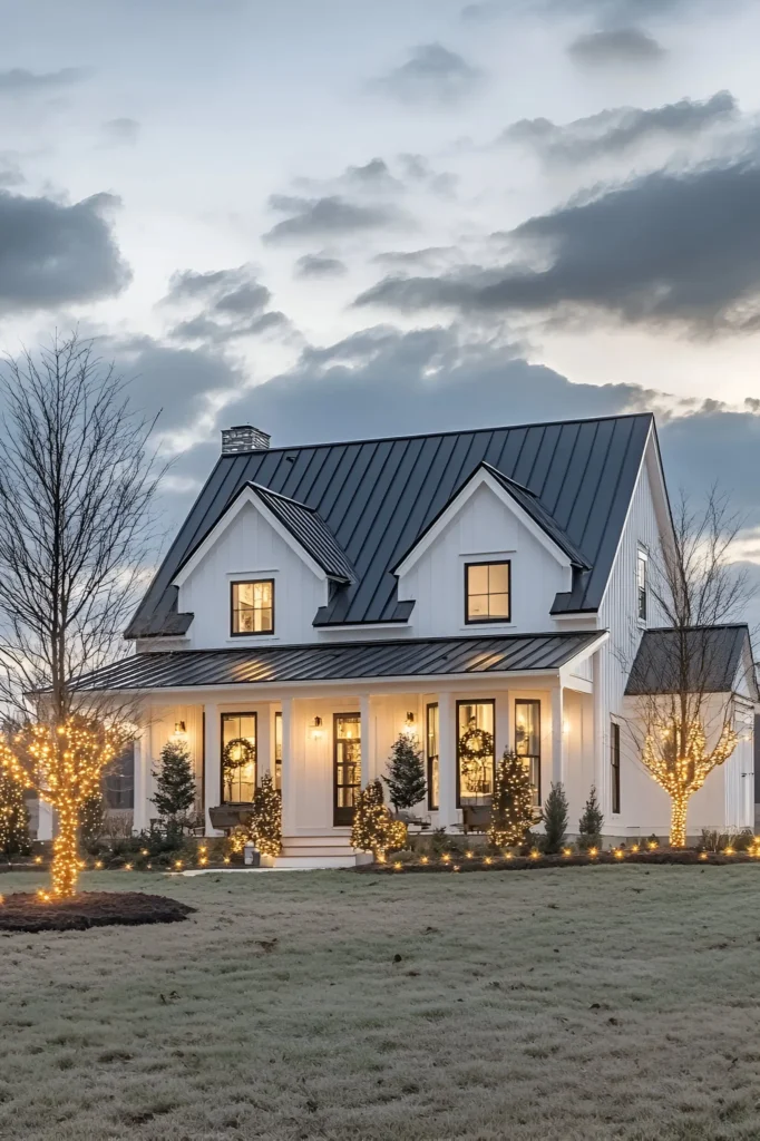 Modern white farmhouse with a black metal roof, board-and-batten siding, holiday lights, and wreaths on the porch, surrounded by lit trees during twilight.