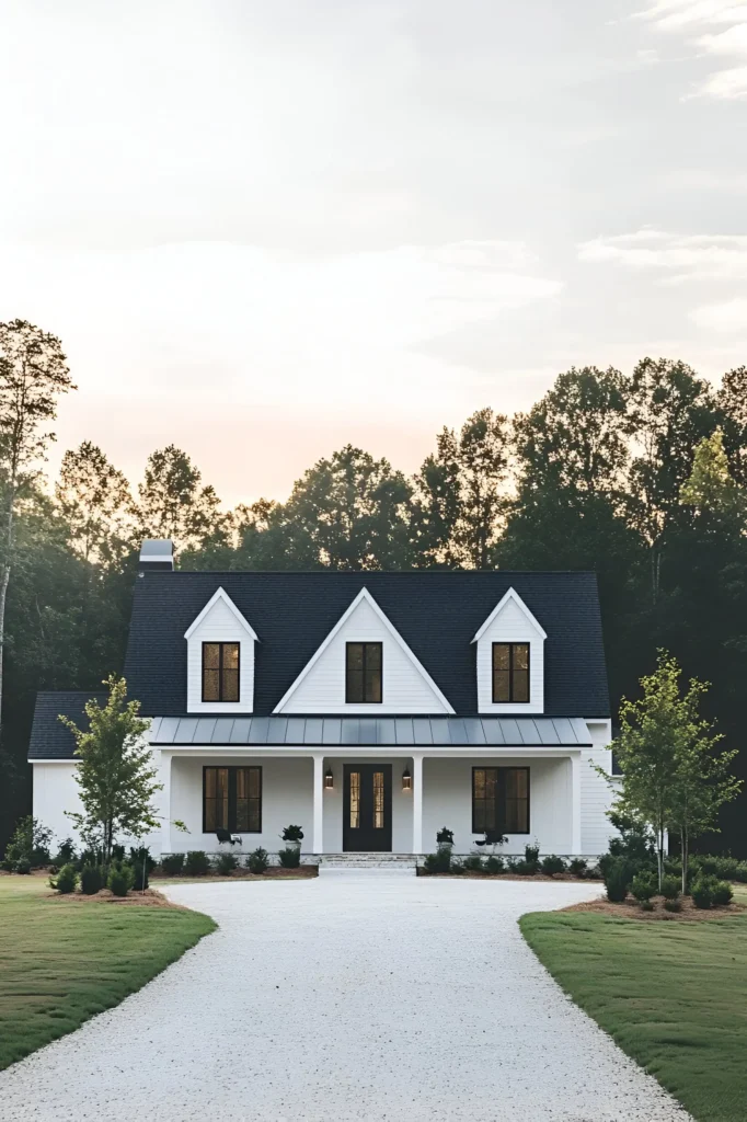 Modern white farmhouse with a black roof, gabled dormers, front porch, and a gravel driveway, set against a backdrop of tall trees.