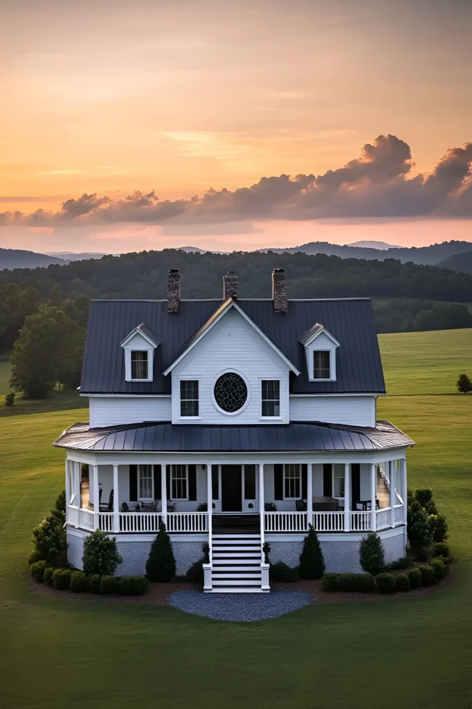 Modern white farmhouse with a black metal roof, circular stained glass window, dormer windows, and a wraparound porch, surrounded by rolling green hills at sunset.