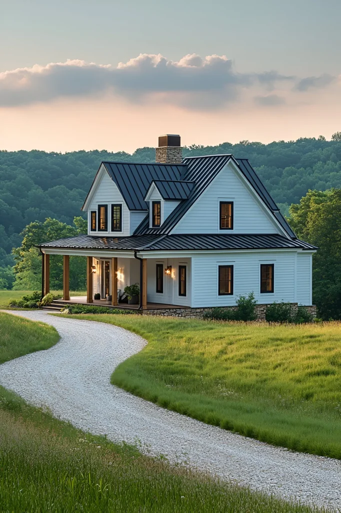 Modern white farmhouse with a black metal roof, wooden porch beams, and a winding gravel driveway, set amid lush green fields and rolling hills.