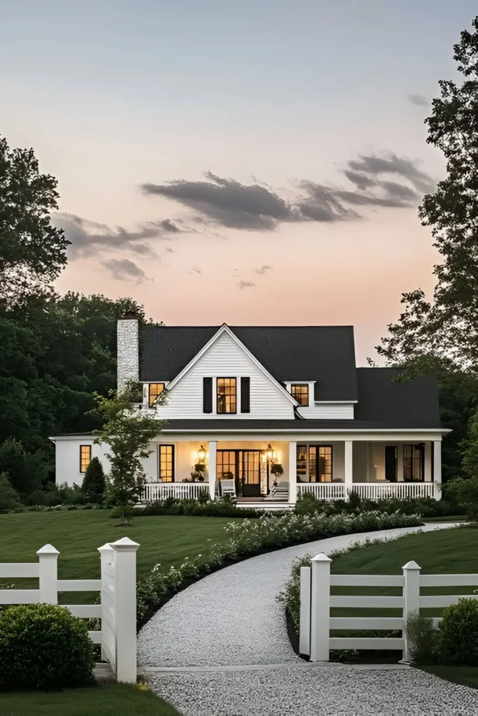 Modern white farmhouse with a black gabled roof, wraparound porch, white picket fence, and landscaped front yard at sunset.