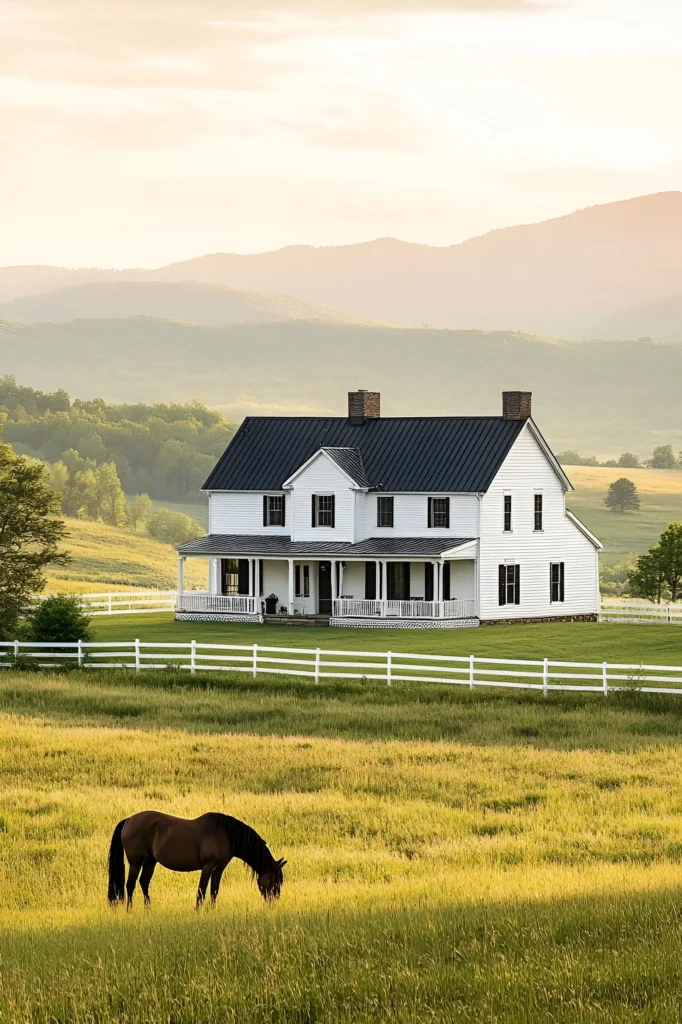 Modern white farmhouse with a black metal roof, wraparound porch, and fenced pastures, surrounded by rolling fields and mountains at sunrise.