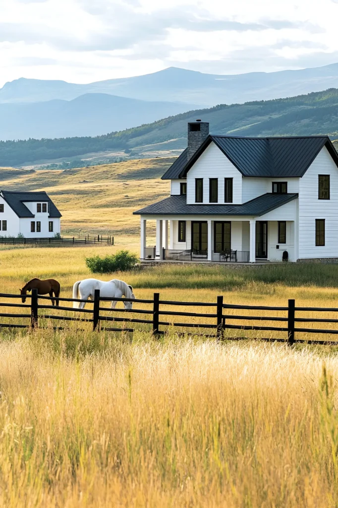 Modern white farmhouse with a black metal roof, fenced pasture with horses, and mountain views in the background.