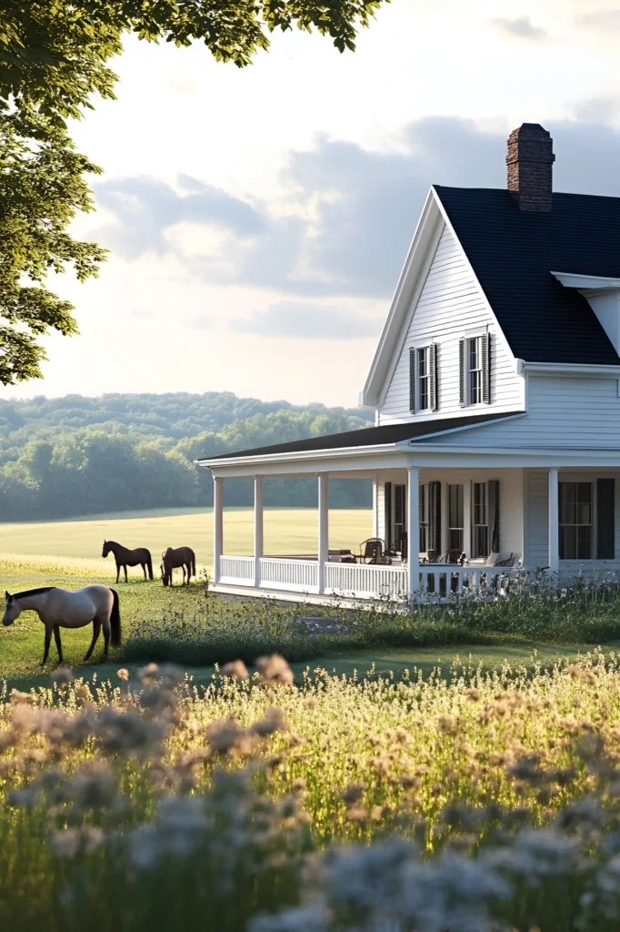 Modern white farmhouse with a wraparound porch, black shutters, wildflower meadow, and grazing horses in the foreground.