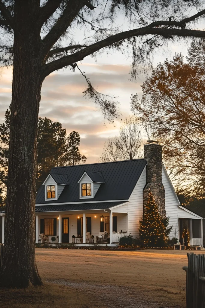 Modern white farmhouse with a stone chimney, black metal roof, dormer windows, and Christmas lights, surrounded by trees at sunset.