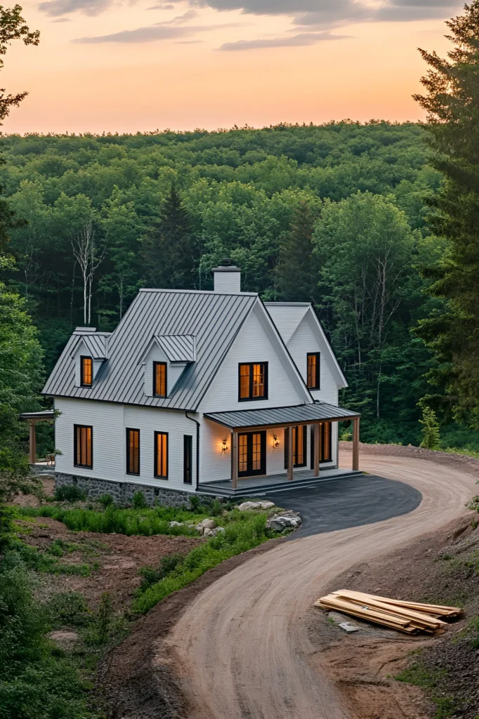 Modern white farmhouse with a black metal roof, wooden accents, and a winding dirt driveway, surrounded by dense forest at sunset.