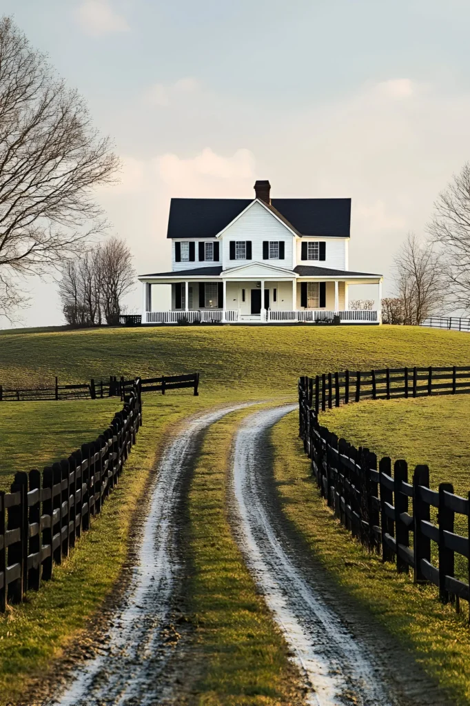 Classic white farmhouse with a black roof and shutters, wraparound porch, and a winding dirt path, set on a hill surrounded by black fences.